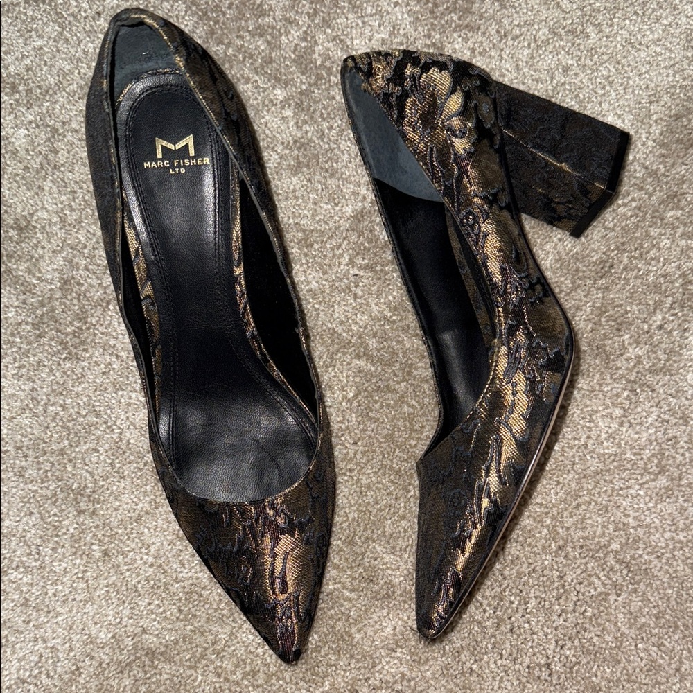 Marc Fisher Black and Gold Patterned Heels VIVIENE PUMP